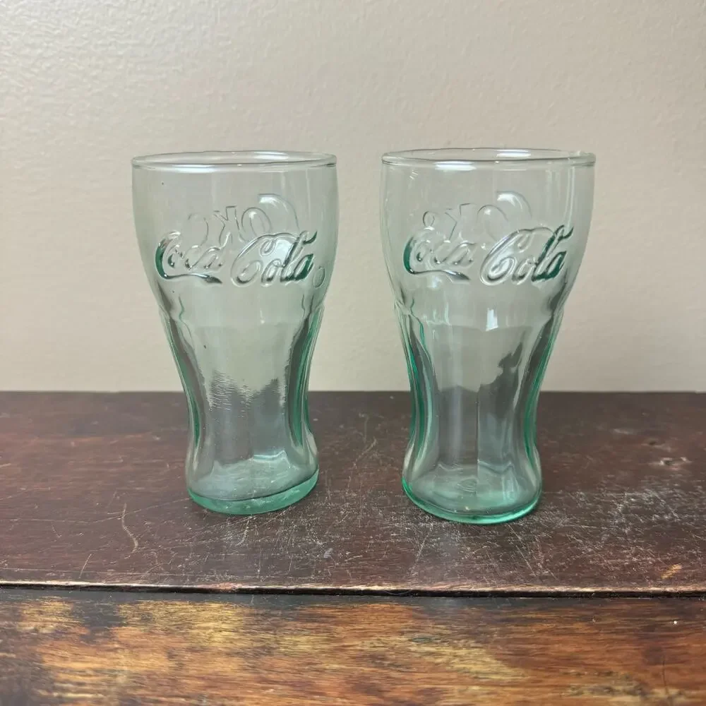Set of 2 Vintage Coca-Cola green tint fountain shake‎ 4.5 inch glasses Marked IG